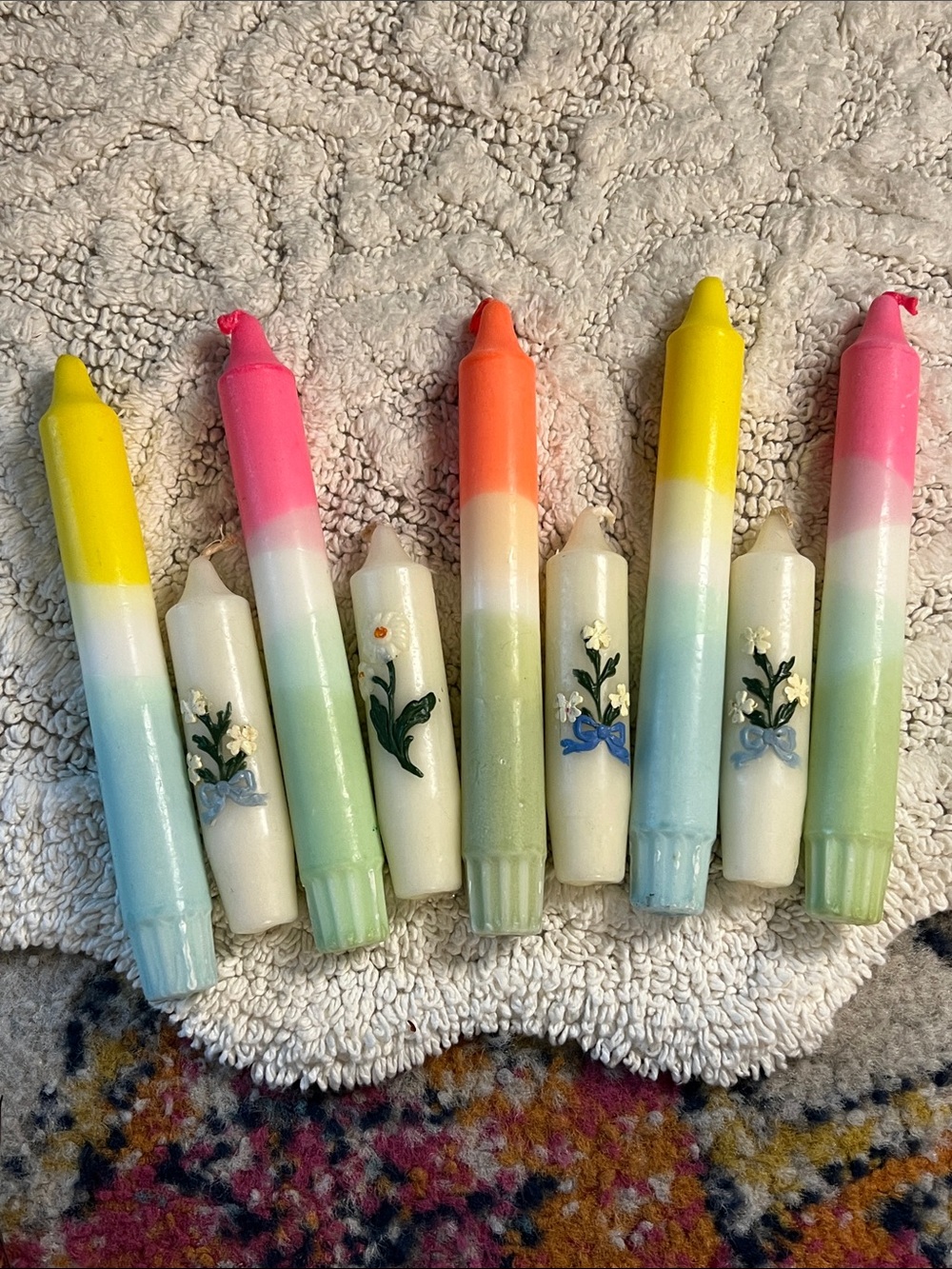 Lot of 9 Free People & Vintage Candlesticks Taper Candles Colorful Floral Flower